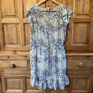 Rebecca Taylor 8‎ Dress Blue White Floral Ruffle V-Neck Tie Knee Length Silk